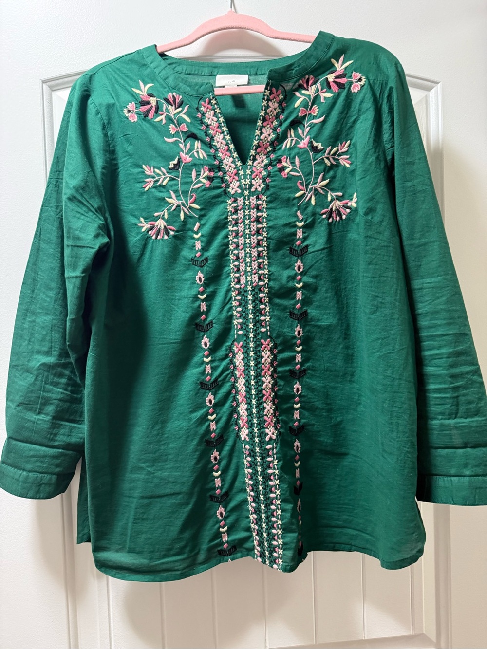 J. Jill Green Embroidered Tunic with Pink Accents